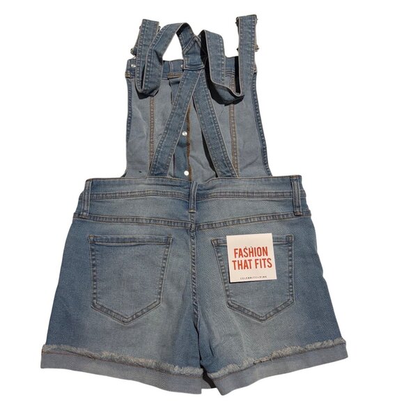 NWT Celebrity Pink Womens Denim Overall Shorts Button Front & Frayed Hem Size S - Picture 2 of 10